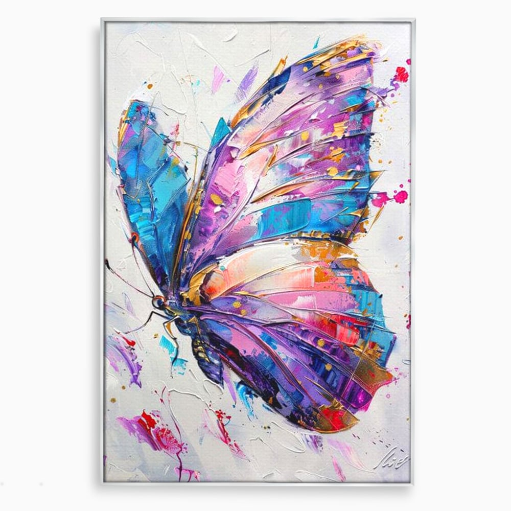 Tablou canvas cu tablou canvas cu fluture pictat in nuante de violet, in rama de aluminiu argintiu